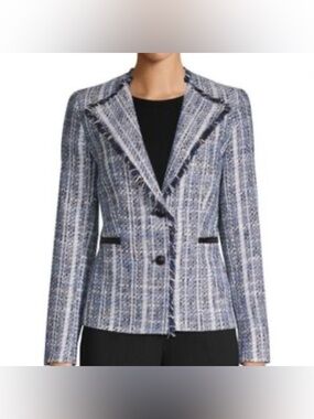 Karl Lagerfeld Paris Blazer Women 8 Blue Tweed Blazer Preppy 90s Y2K Fringe 10